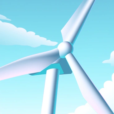 A close-up view of a wind turbine blade in motion, showcasing its sleek, aerodynamic design. The blade is white with a glossy finish, reflecting light as it spins. The background features a clear blue sky, with a few wispy clouds that enhance the contrast against the white blade. The turbine's metallic base is visible, anchored firmly to the ground, while the motion of the blade creates a dynamic sense of movement.