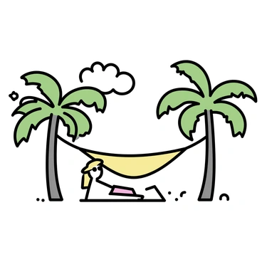 A hammock is strung between two tall palm trees with lush green fronds. Nearby, a person is lying on a beach towel, wearing sunglasses and a sun hat, enjoying the sun. The sand is fine and light-colored, and small seashells are scattered around. A gentle breeze causes the palm leaves to sway slightly. The sky is clear with a few fluffy white clouds.