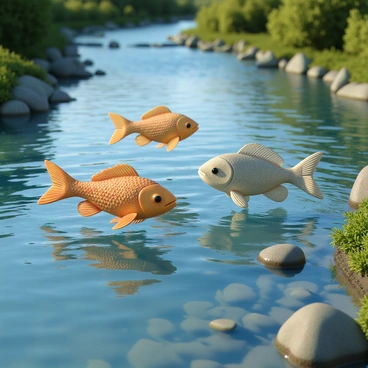 A group of fish swimming in a clear, flowing river. Each fish is uniquely shaped, with scales that are composed of tiny, crumpled receipts, creating a shimmering, reflective surface. The water flows gently around the fish, reflecting light and producing soft ripples. Along the riverbed, smooth pebbles can be seen, and a few patches of green aquatic plants sway with the current. The background features a subtle hint of trees and bushes lining the riverbanks, providing a natural setting.