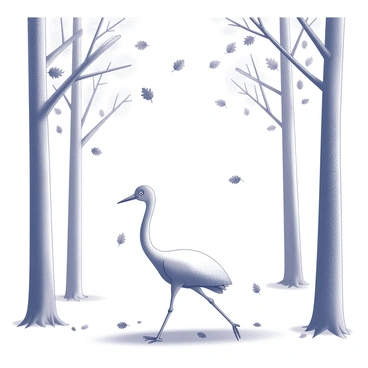 A "cigogne" walking through a forest. The bird is depicted with its long legs extended, stepping carefully over a bed of fallen leaves. The trees surrounding the cigogne are tall and slender, their trunks straight and reaching towards the sky. The branches are adorned with leaves in various stages of fall, some still attached while others are floating gently to the ground. The scene captures the movement of leaves in the air, creating a dynamic moment in the forest.