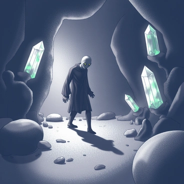 A figure resembling "Nosferatu" is entering a dimly lit cave. The cave walls are rugged and rough, creating a dark atmosphere. Glowing crystals of various sizes protrude from the walls, casting an ethereal light that reflects off the surfaces. The crystals emit an otherworldly glow, illuminating the surrounding area in shades of white and a hint of green. Shadows dance along the cave walls as eerie sounds echo throughout the space, adding to the mysterious ambiance. The figure is hunched, with elongated features and dark clothing, creating a sense of intrigue as it steps cautiously into the cave's depths.