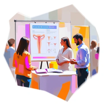 A health fair booth display featuring an educational poster that prominently displays a "penis size chart." The chart illustrates various sizes clearly, using straightforward diagrams and labels. The booth is decorated with vibrant colors to attract attention, and there are brochures about sexual health available on a small table in front of the display. Attendees can be seen engaging with the materials, and a friendly booth representative is present to answer questions. The overall atmosphere is informative and inviting, promoting awareness about health education.