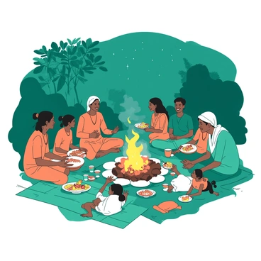 A teal and orange scene depicts a lively community gathering in Jharkhand. Families are sitting together on colorful mats spread out on the ground, with children playing nearby. In the center, there is a large fire crackling, casting a warm glow on the faces of the people. The adults are engaged in animated conversations, sharing stories and laughter. Some individuals are holding plates of traditional food, while others are passing around cups filled with beverages. The surroundings are filled with lush greenery, and the night sky is sprinkled with stars above.
