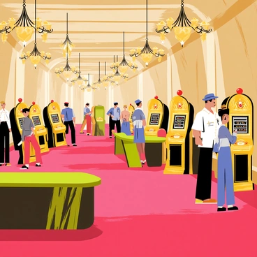 A luxurious casino from the 1920s with grand architecture, featuring ornate chandeliers hanging from the ceiling. The floor is adorned with plush red carpets, and there are vintage slot machines placed throughout the space. Each slot machine is decorated in gold, displaying intricate patterns and gleaming embellishments. Elegant gambling tables with green felt can be seen in the background, surrounded by finely dressed patrons enjoying their evening. The atmosphere is lively, with people mingling and the soft glow of lights illuminating the casino.