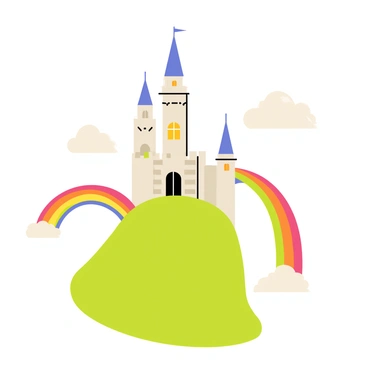 A tall castle with pointed turrets and a stone facade sits atop a green hill. The castle is surrounded by fluffy white clouds, creating a whimsical atmosphere. A vibrant rainbow arches across the sky, connecting one side of the hill to the other. The scene is filled with bright colors and a sense of magic in the air.