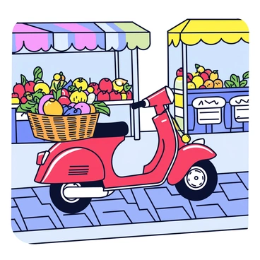 A moped with a shiny red body is parked on a cobblestone street. The moped has a wicker basket attached to its front, overflowing with fresh fruits and vegetables. The basket contains vibrant oranges, deep green leafy vegetables, and ripe tomatoes, all glistening with dew. The background features a colorful open-air market with stalls draped in bright fabrics. Various fruits and vegetables are displayed at the stalls, creating a lively scene.