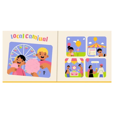 A photo album featuring a vibrant cover with "Local Carnival" written in bold, colorful letters. The pages inside showcase various images: a large Ferris wheel with bright lights and colorful seats against a blue sky. There are children with big smiles enjoying cotton candy, which is fluffy and pink in color. Stalls with colorful canopies display games and prizes, and people are seen playing ring toss and balloon darts. Balloons in various shapes and colors float in the air, adding to the festive atmosphere. The album captures the energy of the crowd, with people laughing and celebrating together.