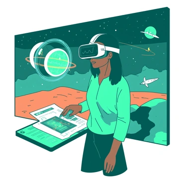 Mae Jemison is wearing a sleek virtual reality headset as she navigates a vibrant virtual landscape simulating a space mission. She stands in a dynamic environment filled with floating holographic displays detailing various aspects of the mission. Mae is interacting with a glowing touchscreen interface that shows orbital paths and planetary data. In the background, there are vivid representations of a spacecraft and distant stars, creating a sense of movement and exploration. The scene is illuminated with a combination of teal and orange hues, giving a futuristic feel to the simulation.
