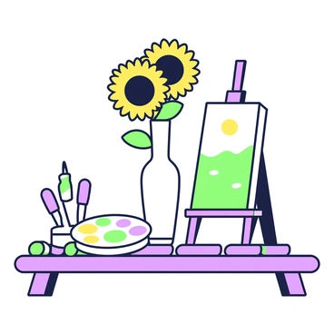 A wooden artist's table is set with a tall vase filled with vibrant sunflowers, their large yellow petals prominently displayed. The vase stands at the center of the table, casting soft shadows on the surface. Surrounding the vase are various tubes of paint and a circular palette that holds a mix of colors. The sunflowers have a strong influence on the colors in the palette, with several blobs of paint that resemble the yellow of the petals and the green of the leaves. Brushes of different sizes are scattered around the palette, and a canvas with a partially completed painting leans against the table, featuring a landscape scene that captures the essence of the sunflowers.
