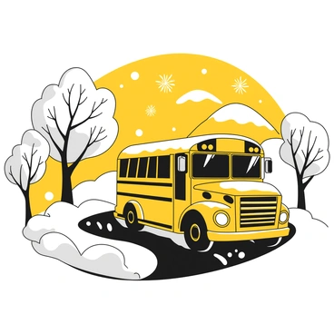A yellow school bus is traveling along a winding road in a snowy British landscape. The bus is covered with a layer of fresh snow on the roof and hood. Surrounding the road are tall trees with branches adorned with white snow. In the background, rolling hills are blanketed in snow, creating a peaceful winter scene. Soft snowflakes are gently falling from the sky, adding to the winter atmosphere. The bus has its headlights on, illuminating the path ahead.