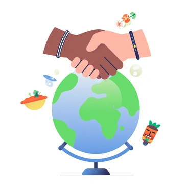 Two hands, one with a darker skin tone adorned with traditional jewelry, and the other with a lighter skin tone featuring a bracelet, are clasped together in a handshake above a globe. The globe is detailed, showing green and blue continents and oceans. Surrounding the globe are small icons representing different cultures, such as a drum, a food dish, and a traditional mask. The scene conveys a sense of unity and cooperation between diverse cultures.