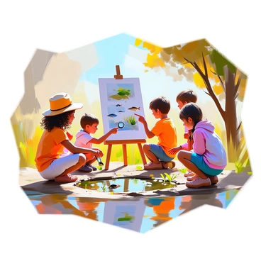 A group of children engaged in a hands-on outdoor classroom activity, exploring the ecosystem of a delta. The scene shows children of diverse backgrounds, including a girl with curly hair wearing a yellow hat and a boy with glasses holding a magnifying glass. They are gathered around a small pond, observing various plants and small aquatic creatures. Nearby, a large, illustrated poster depicting the delta ecosystem is placed on an easel, highlighting key features such as marsh grasses, birds, and fish. The children are actively discussing their findings, with some kneeling by the water's edge and others standing, pointing excitedly at the pond. The sun shines brightly, and trees frame the background, creating a vibrant learning environment.