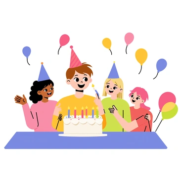 A child with short brown hair is blowing out candles on a round birthday cake topped with white frosting and colorful sprinkles. The cake is placed on a bright blue table. Surrounding the child are three friends, each with wide smiles, wearing party hats. One friend has curly black hair and is clapping, another has straight blonde hair and is pointing at the cake excitedly, while the third friend has red hair and is holding a colorful balloon. The scene is filled with vibrant balloons in various colors floating above them.