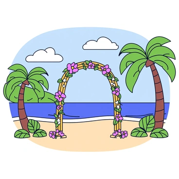 A tropical island wedding setting with lush green palm trees surrounding the area. The scene features a bamboo altar, intricately woven with leaves and flowers. Brightly colored tropical flowers are arranged around the altar. In the background, there are soft sandy beaches and clear blue waters gently lapping at the shore. The sky above is mostly clear, dotted with a few fluffy clouds.