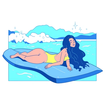 A blue surfer girl wearing a vibrant yellow swimsuit is lying on her surfboard. The surfboard is partially submerged in the clear water, and the girl's hair is splayed out around her. She has closed eyes, soaking up the sun, with a relaxed expression on her face. Bright sunlight reflects off the surface of the water, creating a sparkling effect around her. In the background, gentle waves are rolling in, adding a sense of movement to the serene scene.