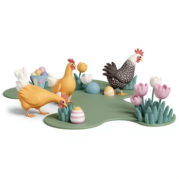 A colorful garden filled with blooming flowers, lush green grass, and various garden decorations. In the center, several chickens of different breeds are engaged in a competition. One chicken, with bright yellow feathers, is energetically scratching at the ground, attempting to hide a vibrant, painted Easter egg beneath a bush. Another chicken, with black and white speckles, stands proudly next to a large egg hidden behind a flower pot, looking around with a focused expression. A third chicken, with reddish-brown feathers, is peeking from behind a tree, waiting for the right moment to place its pastel-colored egg in a patch of tulips. The scene is lively, capturing the playful nature of the competition.