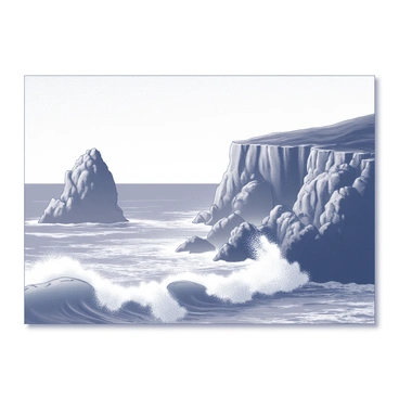 An 8x10 board displays a detailed oceanscape. Large waves crash against rugged rocky cliffs, creating a dynamic scene. The water shows movement as it splashes against the rocks, highlighting the contrast between the smooth surfaces of the sea and the rough texture of the cliffs. The scene captures the vastness of the ocean, with white foamy crests forming at the peak of the waves.