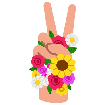 A hand making a "peace sign" gesture with two fingers extended. The hand is depicted in a skin tone of your choice. Vibrant flowers, including roses, daisies, and sunflowers, are wrapped around the fingers, creating a colorful display. The flowers are in various shades of red, yellow, pink, and white, with green leaves peeking out among them. The background is simple to keep the focus on the hand and the vibrant floral details.