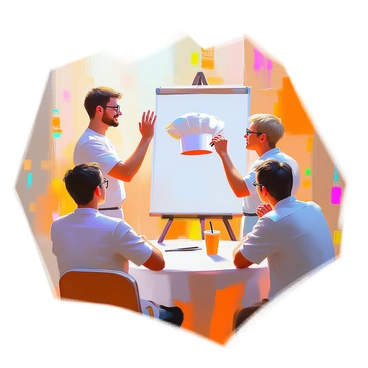 A player with short brown hair and wearing a casual t-shirt is drawing a large "chef's hat" on a whiteboard. The player is focused and smiling as they sketch the hat with bold strokes. In the foreground, a small group of people, including two men and a woman, are sitting around a table, looking intently at the drawing. One man with glasses has his hand raised, indicating he is about to guess. The woman has short blonde hair and is leaning forward with a curious expression, while the other man is crossing his arms, deep in thought. The setting has a warm atmosphere, with colorful decorations in the background.