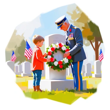 A child with light brown hair, wearing a red shirt and blue jeans, stands beside a decorated military veteran in a crisp uniform adorned with medals. The veteran, with gray hair and a gentle expression, holds a beautifully arranged wreath of red and white flowers. Together, they are placing the wreath at a gravestone marked with an American flag and engraved with the name of a fallen soldier. Surrounding them are green lawns and distant trees, creating a serene atmosphere as they share a moment of remembrance.