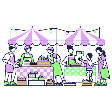 A charming farmers market is bustling with activity. Several old-fashioned vendors are set up at their stalls, showcasing a variety of fresh produce such as colorful fruits and vegetables arranged in wooden crates. In front of one vendor, there are jars of homemade jams and pickles, neatly placed on a checkered tablecloth. Another stall features freshly baked bread displayed on rustic wooden shelves, with loaves of different shapes and sizes. People are browsing the stalls, while a few children are excitedly pointing at a stall filled with flowers. Canopies made of fabric provide shade overhead, and strings of lights are hanging between the stalls, adding to the inviting atmosphere.