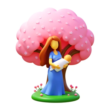 A mother archetype with long flowing hair, wearing a simple, elegant dress, gently cradling a baby in her arms. The baby is swaddled in a soft blanket, peacefully sleeping. The scene features a large blossoming tree, with delicate pink flowers covering its branches. Sunlight filters through the leaves, casting soft shadows on the ground. The mother has a serene expression on her face as she gazes down at the baby. The surrounding area is filled with lush green grass and scattered flower petals.