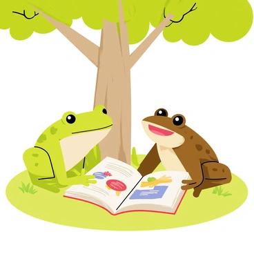 A green frog with smooth skin and bulging eyes sits on the left side, while a brown toad with bumpy skin and a wide mouth is seated on the right. Both are positioned underneath a large, leafy tree with a thick trunk. An open book rests between them on the grass, displaying colorful illustrations. The frog is leaning forward, peering closely at the pages, while the toad glances up, seemingly sharing an interesting fact. Sunlight filters through the tree leaves, casting dappled shadows on the ground around them.