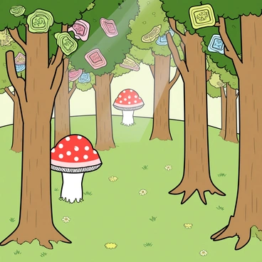 A whimsical forest filled with tall, slender trees that have bark with a light brown texture. The leaves on the trees are uniquely shaped like colorful lottery tickets, with vibrant designs in shades of green, pink, and blue. Sunlight filters through the canopy, casting playful shadows on the forest floor. The ground is covered with soft green grass and scattered patches of small flowers in various colors. In the background, there are a few oversized mushrooms with bright red caps and white spots, adding to the enchanting atmosphere of the scene.