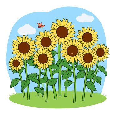 A vibrant field filled with tall sunflowers, their golden petals stretching wide and bright towards the sun. Each sunflower stands proudly on a sturdy green stem, showcasing their large, round brown centers. A clear blue sky serves as a backdrop, with fluffy white clouds scattered gently. The ground is covered in lush green grass, and a few butterflies flutter around, adding splashes of color as they dance among the flowers. The warm sunlight casts soft shadows, emphasizing the height of the towering sunflowers in the field.