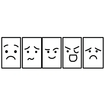 A series of five panels, each showcasing the same face with distinct expressions. The first panel features a neutral expression, with the eyes wide open and a slight, closed-mouth frown. The second panel depicts happiness, with the mouth turned upwards in a broad smile and bright eyes. The third panel shows sadness, with downturned lips and glistening eyes. The fourth panel portrays anger, characterized by furrowed brows and clenched teeth. The fifth panel displays surprise, with raised eyebrows and an open mouth. Each panel is arranged in a horizontal line for clear comparison.