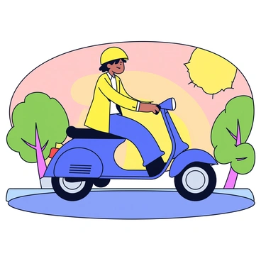 A rider on a moped commuting at sunrise with the early morning light casting long shadows