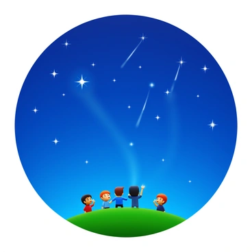 A clear night sky filled with numerous stars twinkling brightly. Several shooting stars are streaking across the sky, leaving luminous trails behind them. A group of stargazers is positioned on a grassy hill, gazing upward with expressions of wonder and amazement. The scene captures the contrast between the deep blue of the sky and the bright white of the stars.
