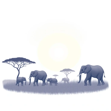 A savannah landscape at sunrise with silhouettes of elephants and acacia trees
