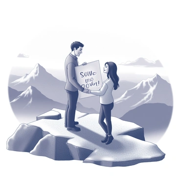 A couple stands at the summit of a mountain, surrounded by rugged rocky outcrops and a vast expanse of peaks in the distance. The man and woman hold a sign that reads "Save the Date" prominently. They are dressed in outdoor apparel suitable for a mountain environment. The scene captures the couple smiling at each other, with the sign positioned between them, as the background features high-altitude clouds and a panoramic view of the mountain range stretching into the horizon.