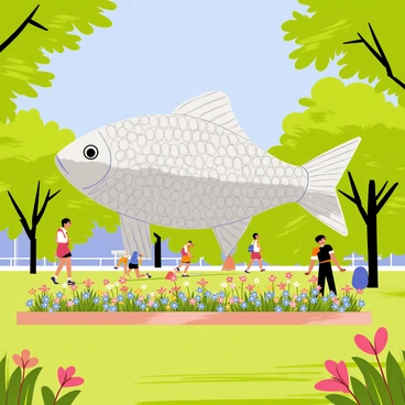 A sculpture made entirely from empty tinned fish cans is positioned prominently in a vibrant green park. The sculpture takes the form of a large fish, intricately assembled with overlapping cans to create scales that reflect light. The park is filled with colorful flowers blooming around the base of the sculpture. Lush trees provide a backdrop, casting dappled shadows on the ground. A clear blue sky is visible above, offering a cheerful atmosphere to the scene. Visitors can be seen admiring the sculpture, adding to the lively ambiance of the park.