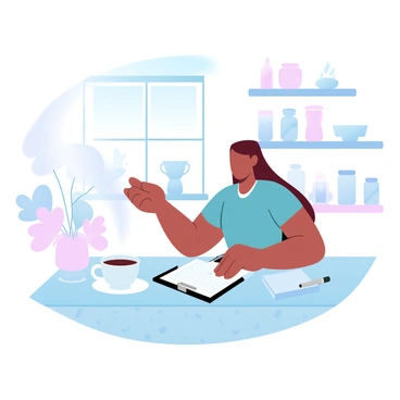 A person with a relaxed posture is seated at a cozy kitchen table, surrounded by warm, inviting colors. The table is adorned with a patterned tablecloth and has a small vase with flowers in the center. The person is holding a clipboard with a questionnaire and is writing with a pen. A steaming cup of coffee is placed nearby, and a window is open, letting in soft natural light that enhances the cozy atmosphere. In the background, shelves are lined with jars of spices and cooking utensils, adding to the homely setting.
