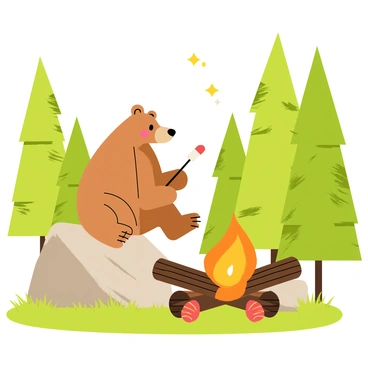 A bear sitting on a large rock, holding a stick with a marshmallow skewered on the end, roasting it over a bright orange campfire. The campfire is surrounded by logs where a few scattered pine cones rest. Tall green trees with a variety of leaf shapes frame the scene, and soft grass covers the ground beneath the bear. In the background, a few fireflies can be seen glowing in the dusk, adding a touch of brightness to the forest setting.