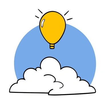A bright yellow balloon floating upward, above a sea of fluffy white clouds. The balloon is rounded and vibrant, standing out against the blue sky. Sunlight glimmers off its surface, creating a cheerful effect. The clouds below are soft and billowy, with varying shades of white, indicating a clear day. The scene conveys a sense of uplifting joy and optimism as the balloon ascends higher into the open sky.