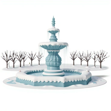 A grand fountain, intricately designed with ornate carvings, stands majestically in the center of a park. The water, usually flowing gracefully, has transformed into stunning cascading icicles that glisten in the sunlight. The surrounding park features bare trees and a carpet of soft, white snow, creating a winter wonderland atmosphere. The fountain's base is surrounded by patches of frost-covered grass, and a few birds are perched on the icy edges, adding to the serene scene.