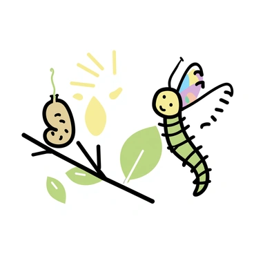 A caterpillar is perched on a green leaf, its body segmented and colorful. Nearby, a chrysalis hangs from a twig, showcasing a smooth, shiny exterior. The scene is illuminated by a shimmering sunbeam, casting soft light across the area. In the background, there are hints of gentle foliage, providing a natural setting for this transformation. A butterfly, with vibrant wings, is emerging from the chrysalis, displaying intricate patterns as it unfolds its wings.