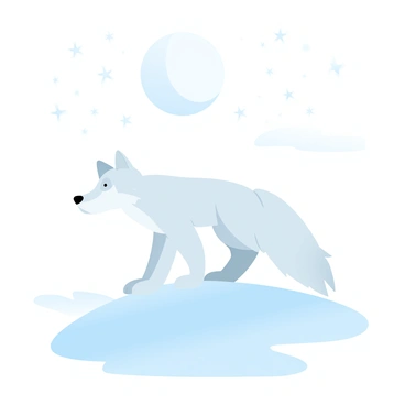 An arctic fox is standing alert on a gently sloping snowy hill. The fox has a thick, white fur coat that blends with the surrounding snow. The hill is covered in a smooth layer of fresh powder snow, glistening under the starlight. Above, a clear night sky is filled with numerous twinkling stars, creating a serene backdrop. The moonlight casts soft shadows across the snow, highlighting the contours of the hill and the fox’s sleek body.