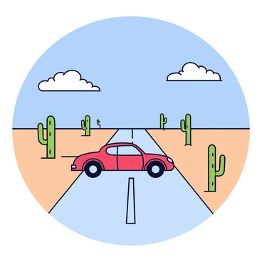 A lone car speeding down a long, straight desert highway with cacti on either side