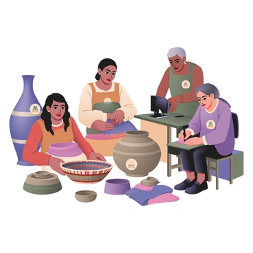 A group of artisan workers is gathered in a well-lit workshop, engaged in creating handcrafted items. In the center, a woman with medium skin and long black hair is carefully weaving a colorful basket from natural materials. To her right, a man with dark skin is shaping clay on a pottery wheel, focused on molding a beautiful vase. A third artisan, an older woman with gray hair, is sewing a fabric item using a sewing machine, surrounded by vibrant fabrics. Each crafted item prominently displays a "fair trade" label, emphasizing their commitment to ethical practices. The workshop is decorated with various tools and materials, highlighting the artisanal process.