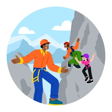 A climbing trainer wearing a bright orange helmet is assisting young adventurers as they scale a rocky mountain. The trainer is positioned beside a kid who is gripping a climbing hold, providing guidance with outstretched arms. The mountain is rugged and textured, with various shades of gray and brown rocks. A few other young climbers are nearby, each focused on their ascent, wearing colorful climbing gear. The sky above is partly cloudy, introducing soft rays of sunlight illuminating the scene.