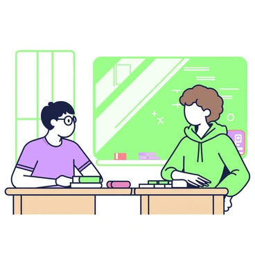 A student with short black hair is seated at a wooden desk in a classroom. They are wearing a blue t-shirt and glasses, focused on the front of the classroom while making eye contact with a friend across the room. The friend, sitting at another desk, has curly brown hair and is wearing a green hoodie. Both students are surrounded by colorful notebooks and textbooks scattered on their desks. Desks are arranged in rows, and a large chalkboard is visible in the background, featuring some notes and diagrams. Sunlight filters through a window, illuminating the students.
