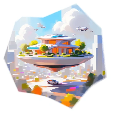A series of floating residential islands hover above a sprawling futuristic urban landscape. Each island features lush greenery, colorful homes with modern architecture, and small solar panels. Below, the urban environment is bustling with sleek skyscrapers, advanced transportation systems, and vibrant street activities. The sky is filled with drones and small flying vehicles, enhancing the high-tech atmosphere. Soft clouds drift around the islands, creating a whimsical connection between nature and urban life.
