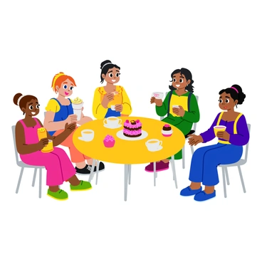 A group of colorful dolls sitting around a small, round table, enjoying a tea party. Each doll has unique features and outfits, with bright patterns on their dresses. Tiny teacups, each decorated with floral designs, are placed in front of them. A variety of small cakes, including pink frosted cupcakes and chocolate layers, are arranged on a delicate cake stand in the center. The dolls are smiling and holding their teacups, creating a joyful atmosphere.