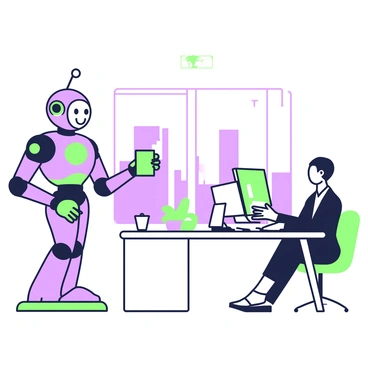 A smiling robot stands next to a desk in an office. The robot has a sleek metallic finish and articulated limbs, with glowing green and purple accents. It is extending its arm, holding a cup of coffee towards a human. The human, wearing a business suit, is seated at the desk with paperwork scattered in front of them. The office is equipped with a computer on the desk, a potted plant in the corner, and a large window showing a view of distant buildings.