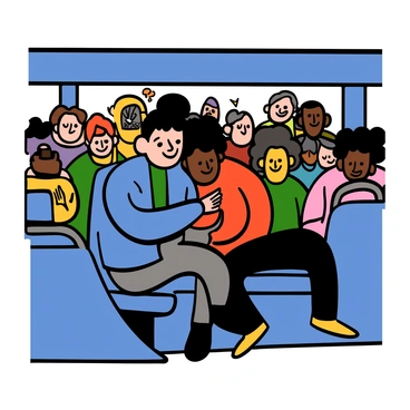 A person with light skin and short black hair is sitting uncomfortably on a crowded bus. They are wearing a blue jacket and gray pants. Their expression shows discomfort as they lean slightly away from another passenger beside them. The other passenger has dark skin and curly hair, wearing a red shirt and black jeans, is sitting very close, invading the personal space. The interior of the bus is filled with various passengers, with a mix of clothing styles and expressions. The atmosphere is busy and cramped, highlighting the discomfort of the situation.