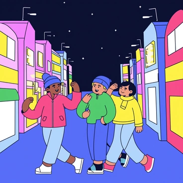 A group of four friends walking through a city at night. The scene features a variety of colorful neon lights illuminating the buildings around them. Each friend has a distinct appearance: one with a red jacket, another in a green sweater, a third wearing a blue beanie, and the last in a yellow scarf. They are looking up at the glowing signs and storefronts with expressions of wonder. The night sky is dark and starless, providing a contrast to the bright city lights below.